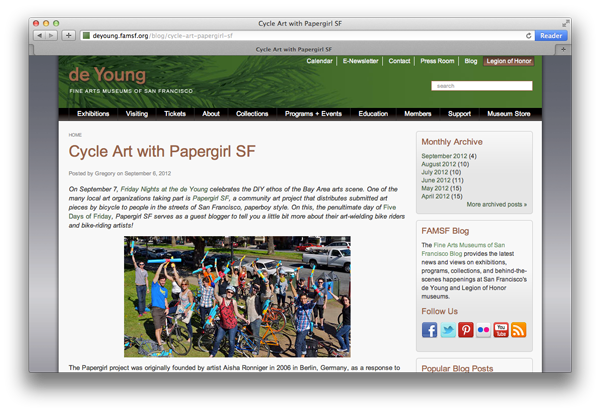 de Young Museum blog article about Papergirl SF